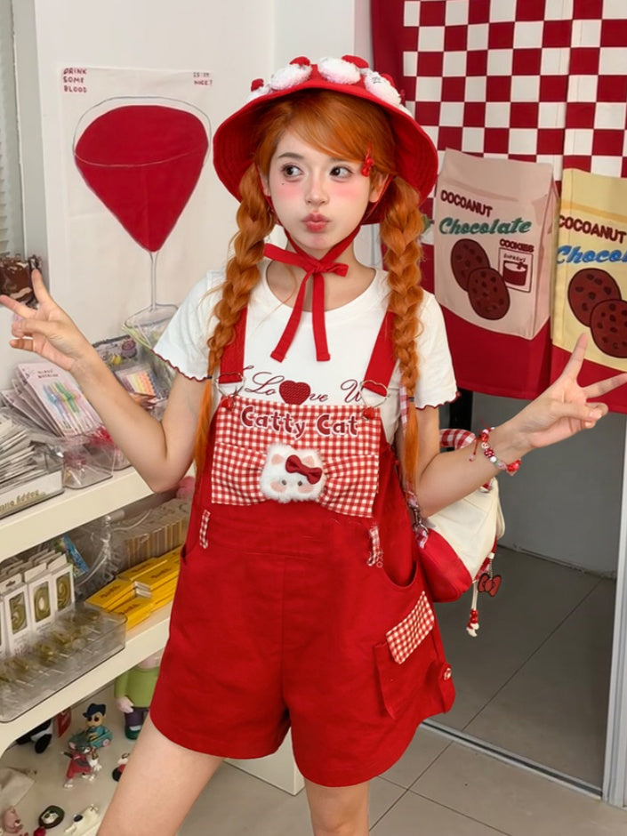 Red Plaid Bowknot Plush Kitty Overall Shorts