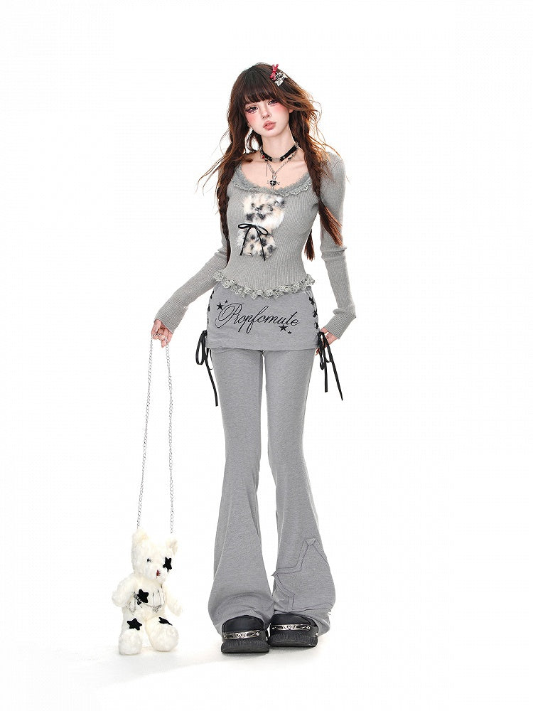 Glamorous Black/Gray/White Acubi Fashion Neckline Hem Ruffled Plush Puppy Knitted Top Adorable and