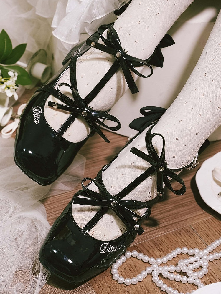 Poliert T-Riemen Akzente Schuhe Design Schleife Mitte Heels Zehe Quadrat Elegante Schwarze Lolita mit