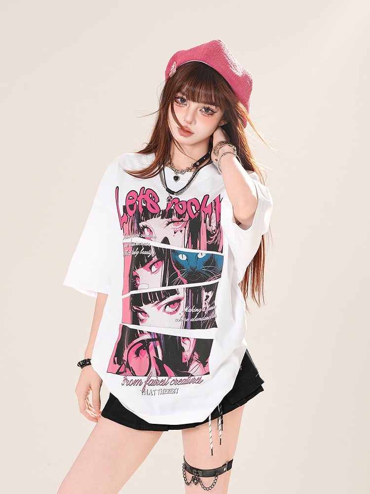 Weiß/Schwarzes lockeres T-Shirt mit Rundhalsausschnitt und Anime-Mädchen-Print