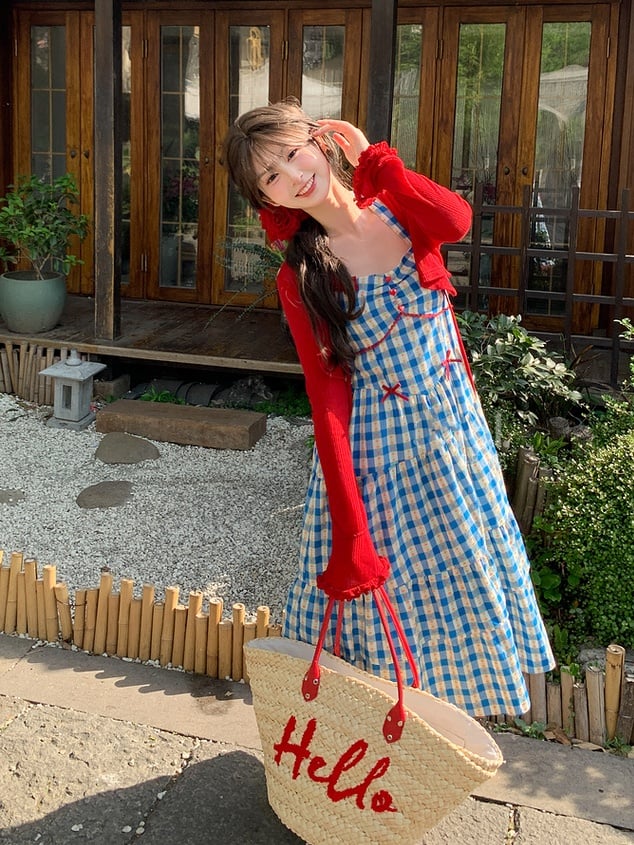 Blue Allover Halter Floral Print Holiday Neck Plaid Dress Sweet