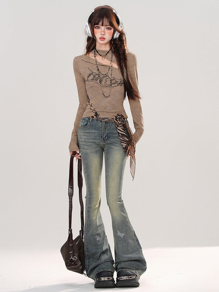 Jeans Rhinestone Butterflies Wash Adorned Blue Faded Fishtail Denim