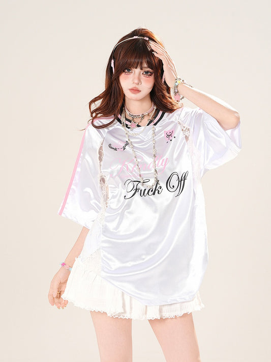 V-Neck T-Shirt Contrast Lace Patches Blokette Core Pink