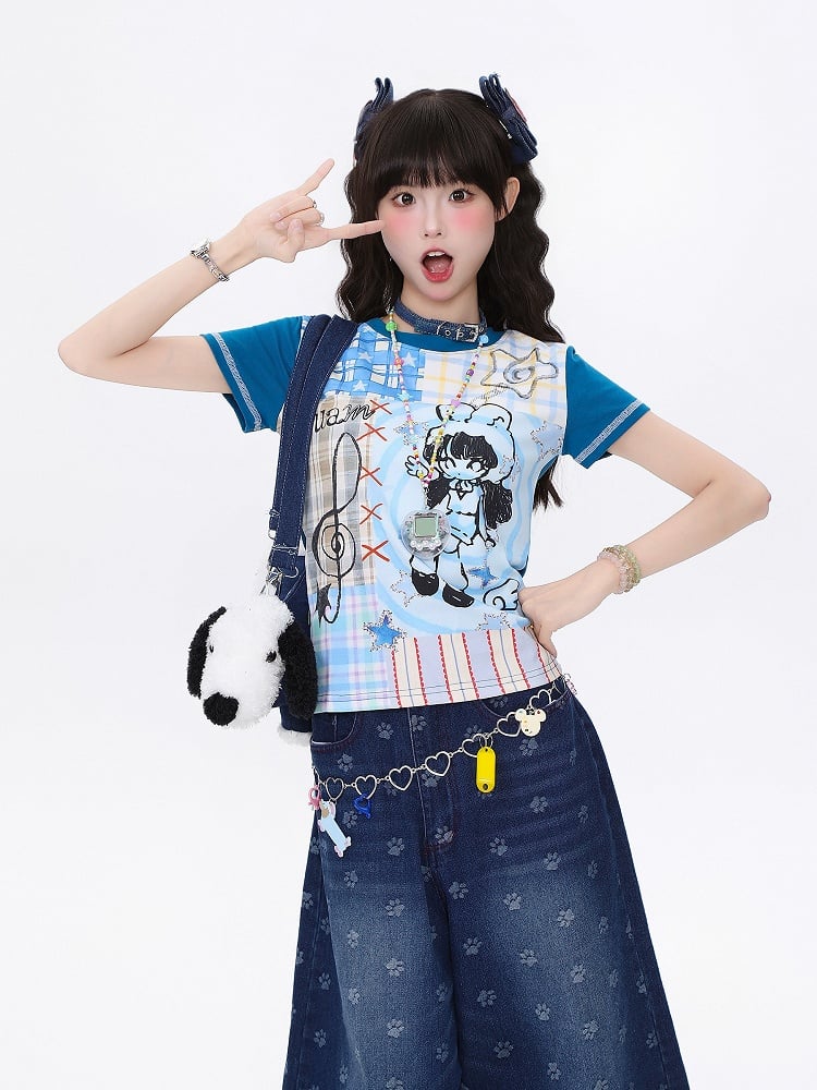 Slim-Fit T-shirt with Pink Cartoon Girl Print Blue/Apricot Plaid Patchwork