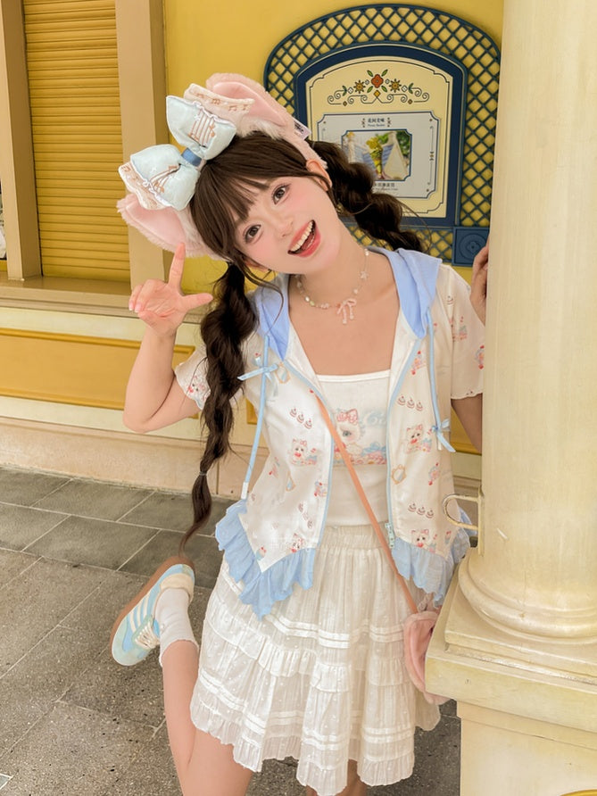 Zip-up Hooded Cute Kitty Print Curved Hem Lace Blue Trim T-Shirt