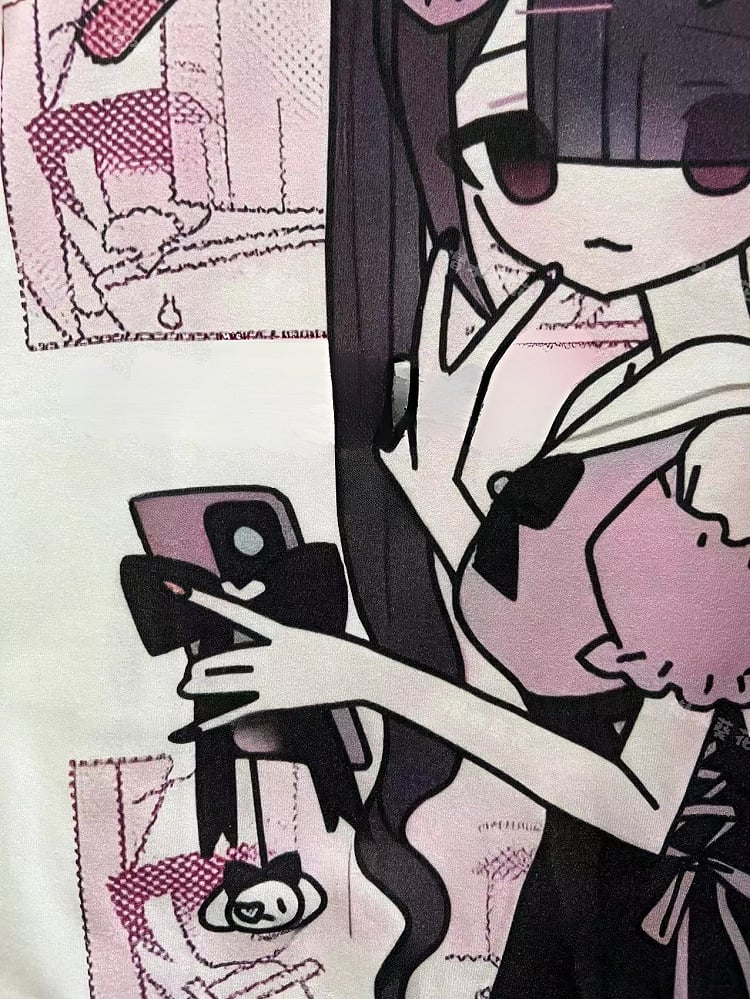 Jirai Kei T-Shirt mit Schnürung und Cartoon-Print in Weiß