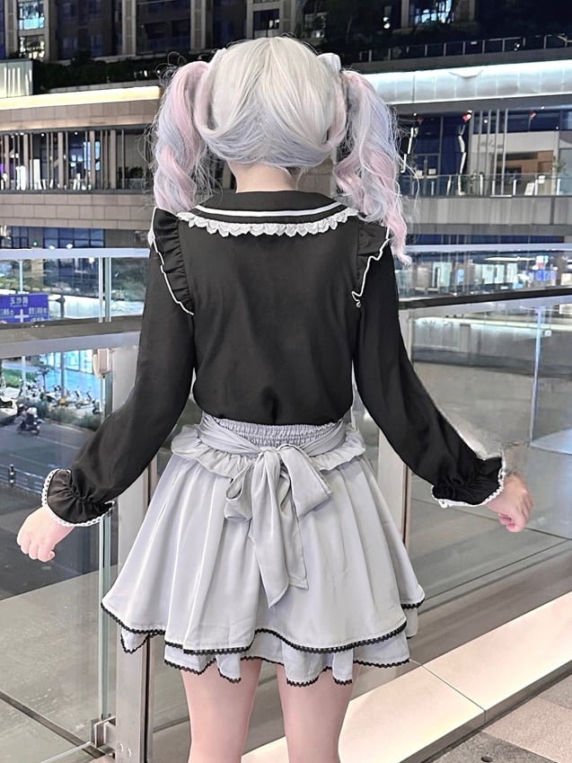 Jirai Kei Black Peter Pan Collar Long Sleeve Blouse Tie with Free Bow