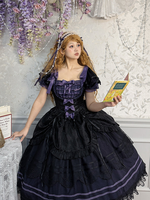 黒と紫のスクエアネックラインジャカードドローストリングスカートクラシックロリータドレス