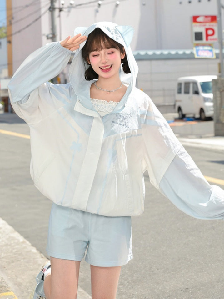 Sun Protection Jacket Hem Hood Cat Ears Blue Colorblock Design Drawstring Design