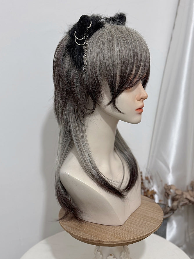 Black 45CM Ouji Bangs Ombre Straight Gray And With Style Length Wig