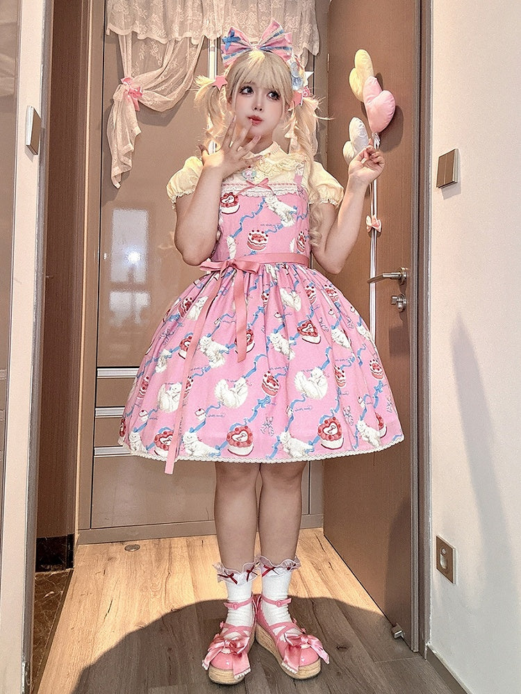Fluffy Showa Jumper Pink Kitty Cute Lolita Print Sweet Skirt Dress