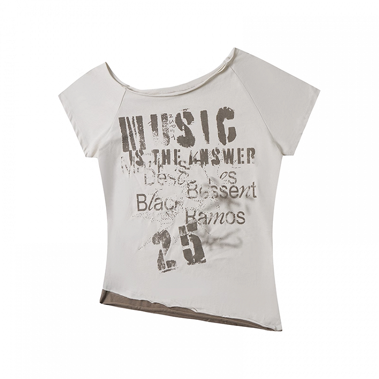 Asymmetrischer Ausschnitt Buchstabendruck Eng anliegendes T-Shirt Aprikose