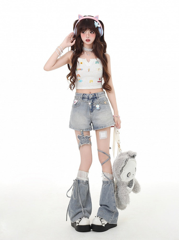 Light Butterfly Flared Leg Warmers Blue Denim Shorts with Detachable and Garter Y2K