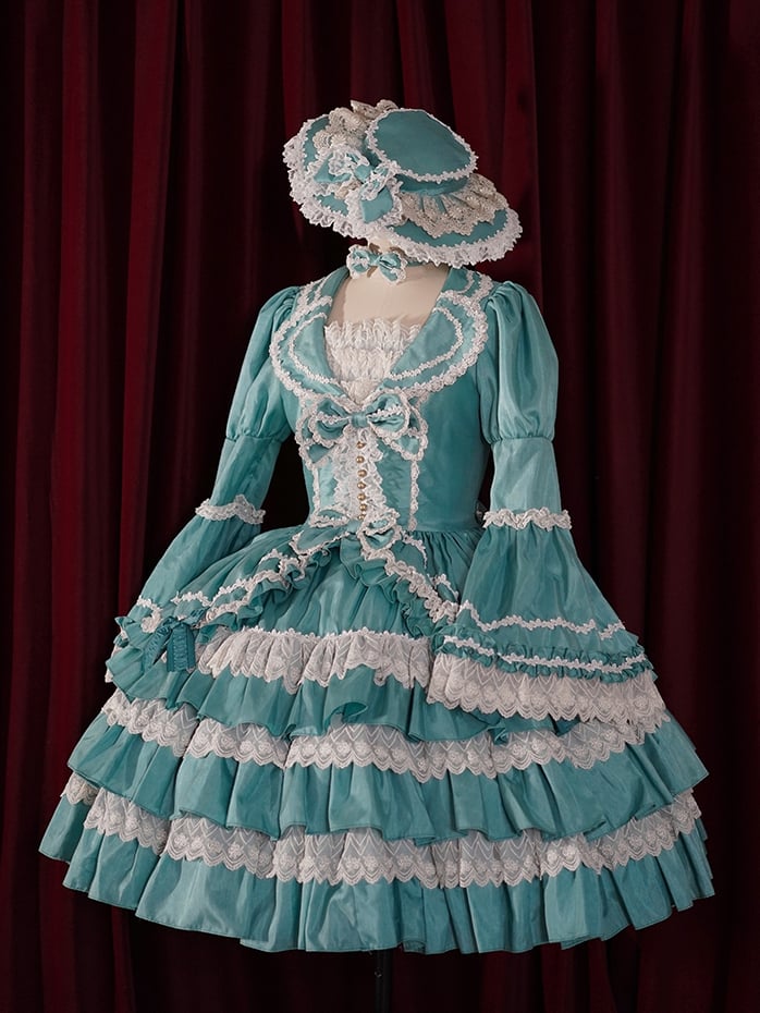 Türkisgrünes Lolita-Kleid mit Stufenrock und langen Ärmeln