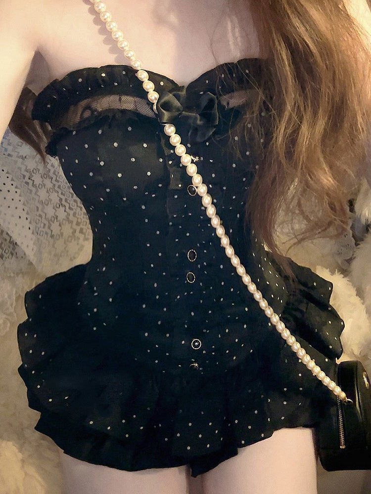 Corset Embroidery Bow Black Lace Bustier With Detachable Floral Ruffled