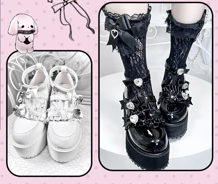 mit Landmine Matte 10cm Absatz Plateau Strasssteine Chunky Glitter Weiß Bowknot Schuhe Stil Herz
