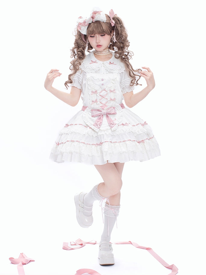 Decorated Self-tie Bow Sweet Lolita White Heart Apron and Pink