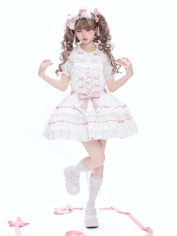 Pink Bow Accents White Tiered Lace Trim Hime Sweet Lolita Dress Skirt Jumper