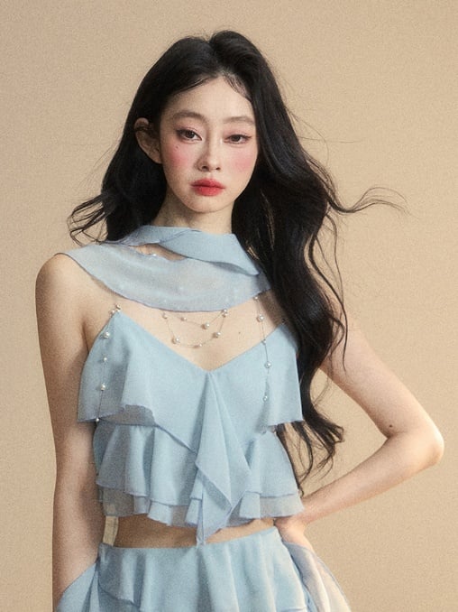Tiered Ruffles Cropped Cami Top Scarf Free Blue Chiffon V-Neck with