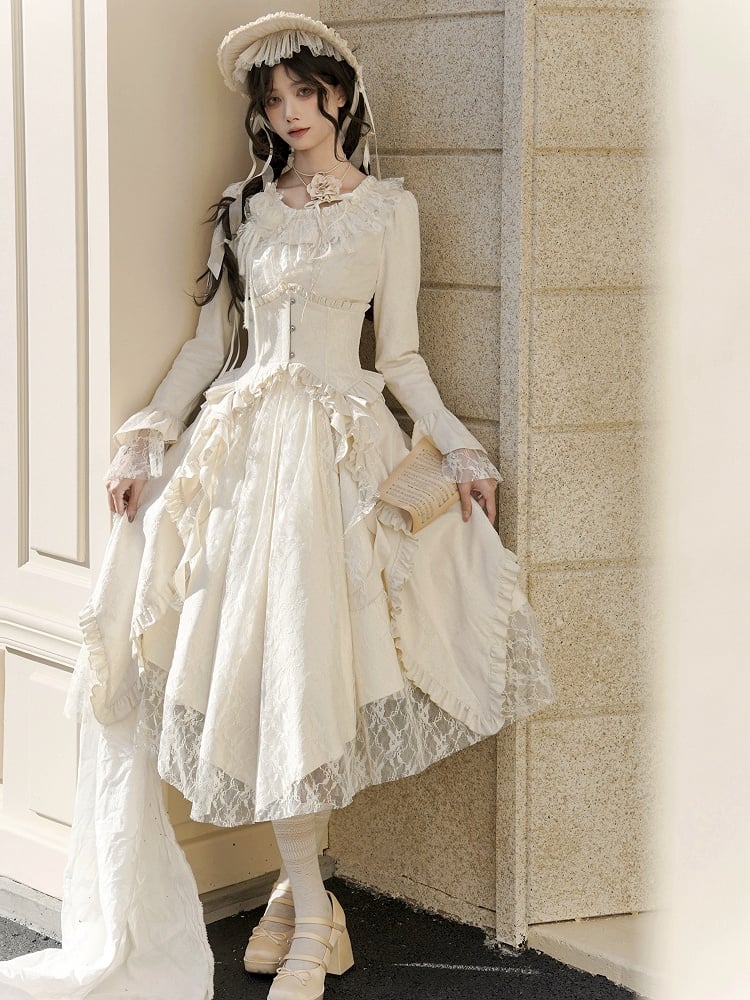 Beige Spitzenpatches Unregelmäßiger Rock Rosenstoff Lolita Kleid