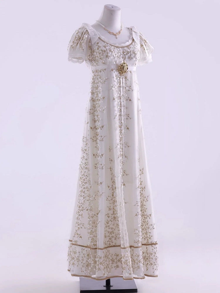 White Empire Waist Regency Elegant Lolita Maxi Dress Ankle Length Version