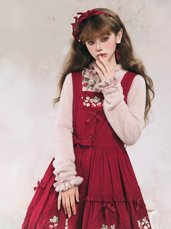 Dusty Autumn Embroidery Strawberry Bowknot Knit on Neckline Top Cuffs Pink