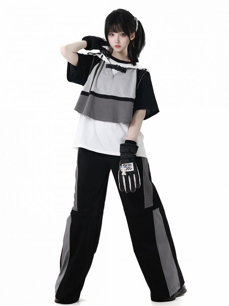 Weste Grau Colorblock Design Techwear Kapuze Cropped