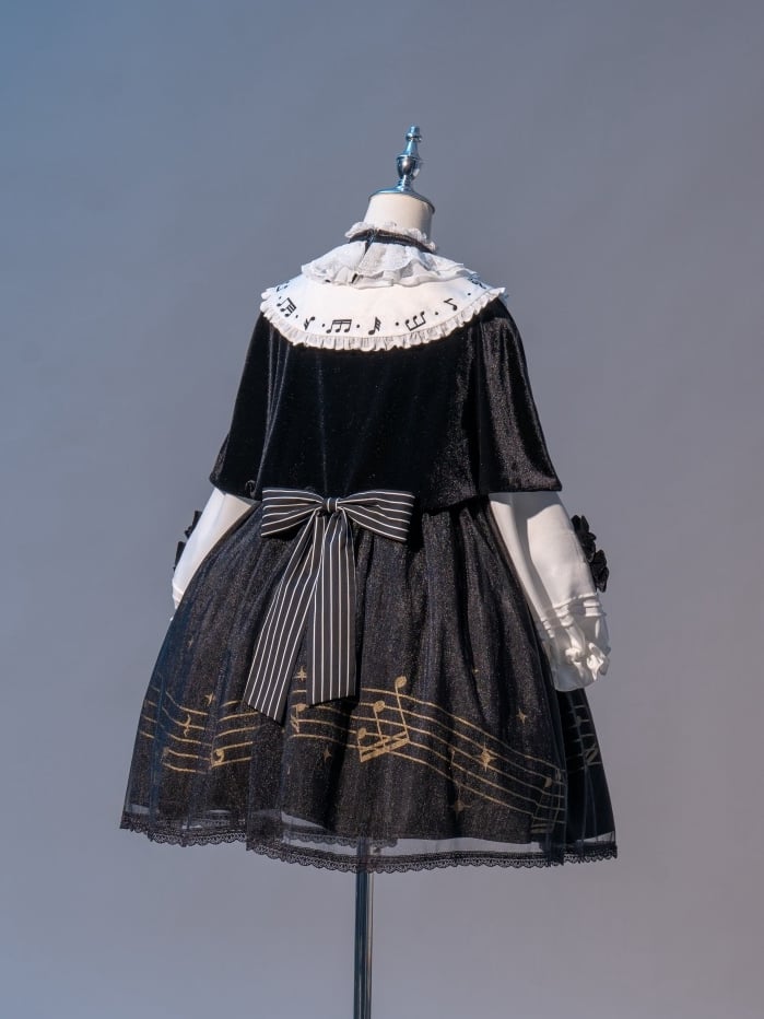 音符プリントの白黒長袖ロリータOPフルセット