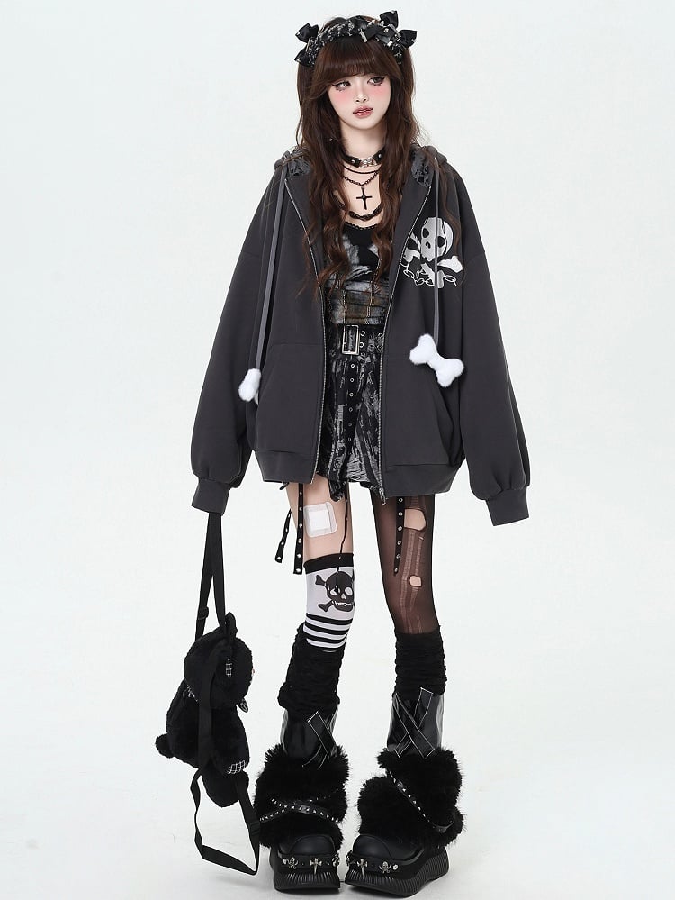 Y2K Skelett Print Hasenohren Kapuze Punk Zip Hoodie