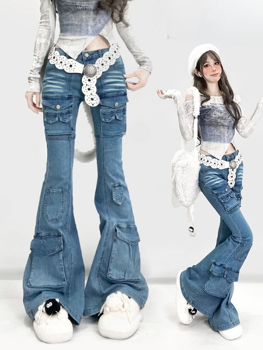 Y2K Vintage Light Blue Low Waist Flared Denim Glamorous Jeans with Cargo Pockets