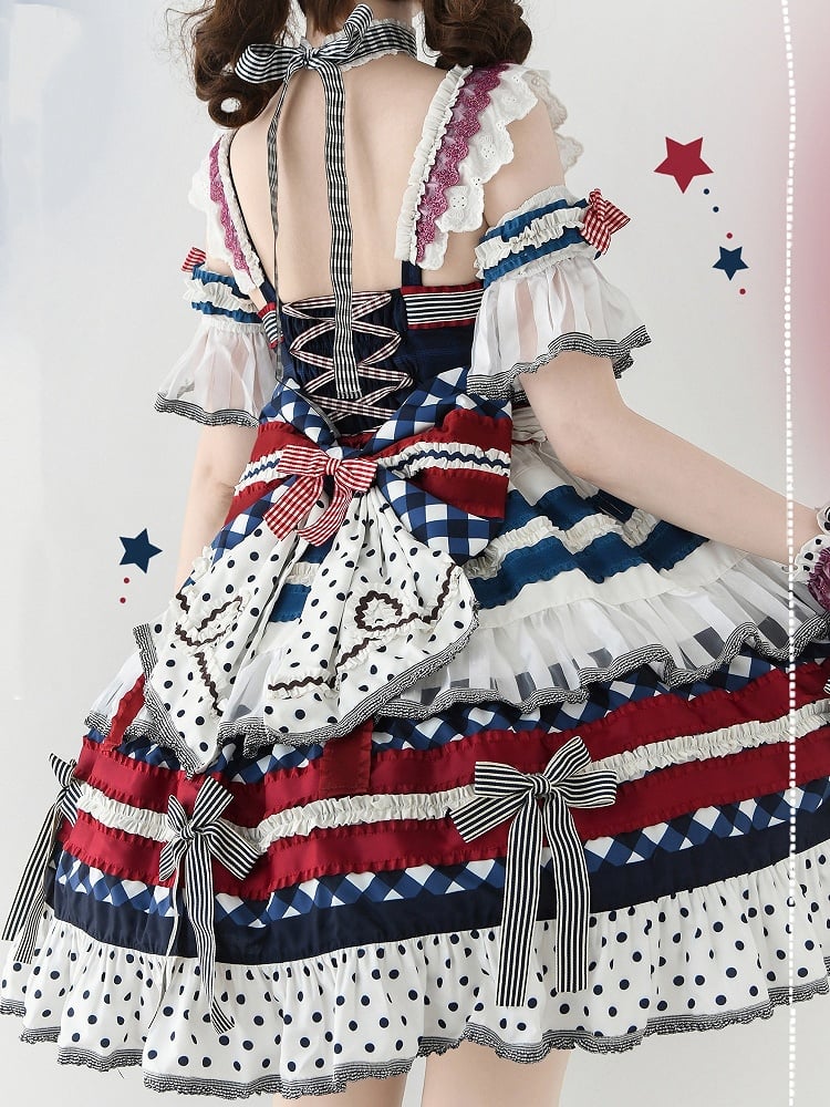 Sweet Bow Skirt Accents Dark Tiered JSK Lolita Full Blue Blueberry Red Set and Cake