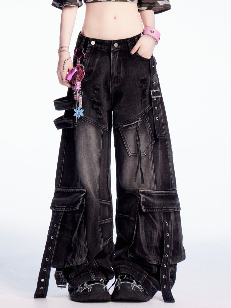 Jeans Rise Faded Wash Distressed Holes Wide-leg Cargo Black Low