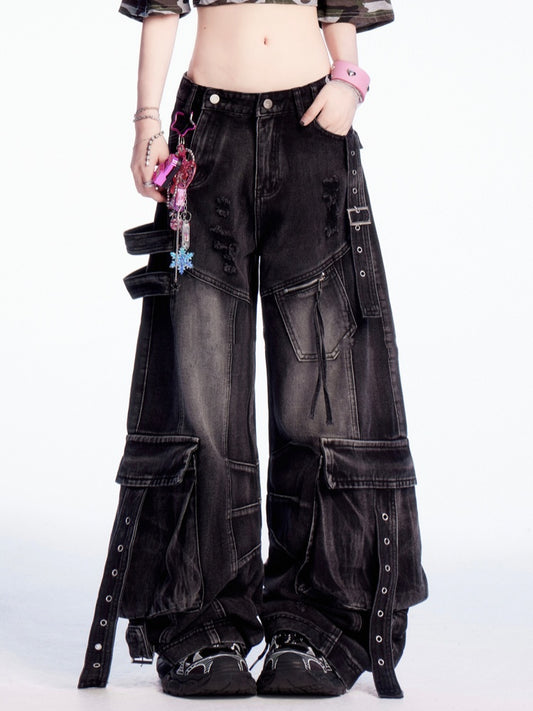 Jeans Rise Faded Wash Distressed Holes Wide-leg Cargo Black Low