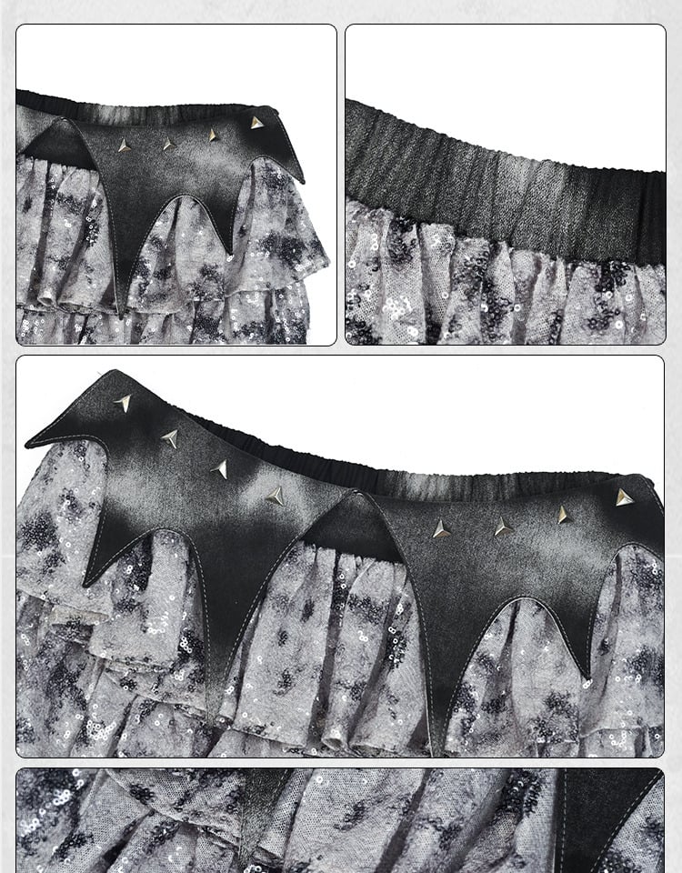 Fashion Waistband Skirt Low Y3K Waist Bat Wing Detail Sequins Tiered Cyberpunk Futuristic Silver Gray