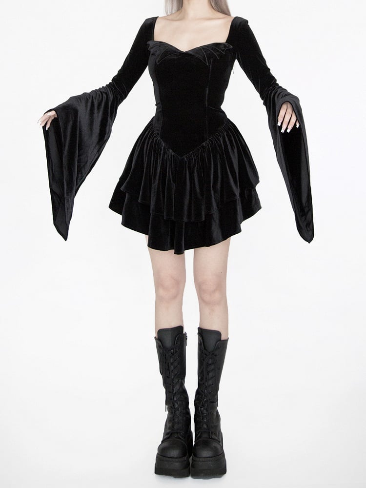 Gothic Black Velvet Bell Sleeves Tiered Skirt Witch Dress