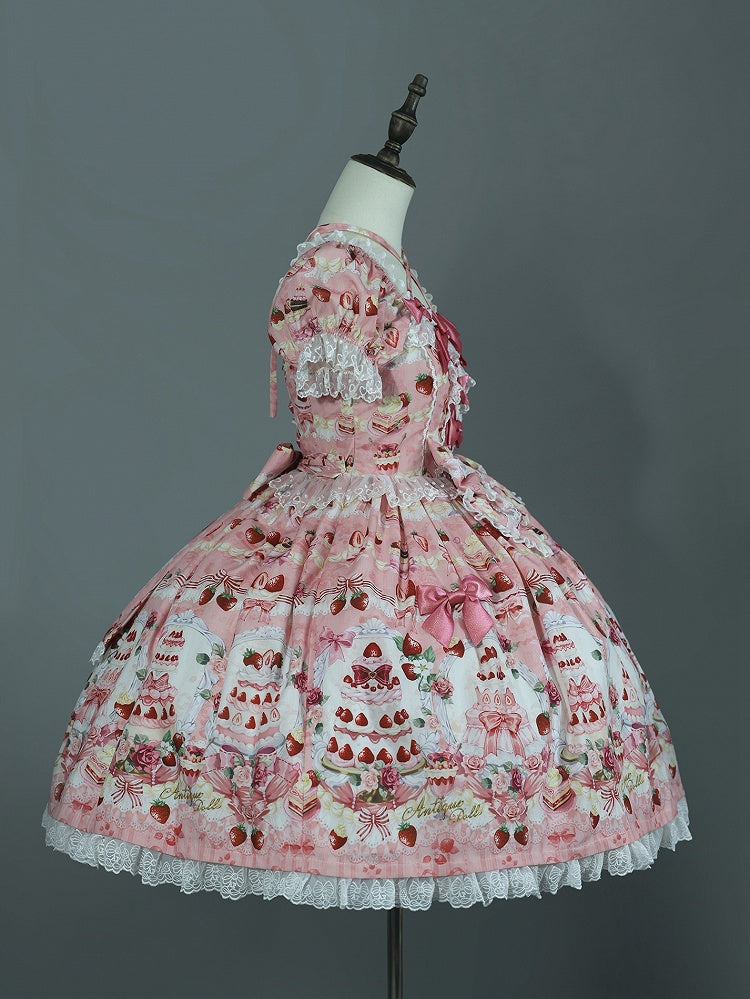 Dress Bow / Print Strawberry Lolita Full Cake Accents Sweet Pink Set