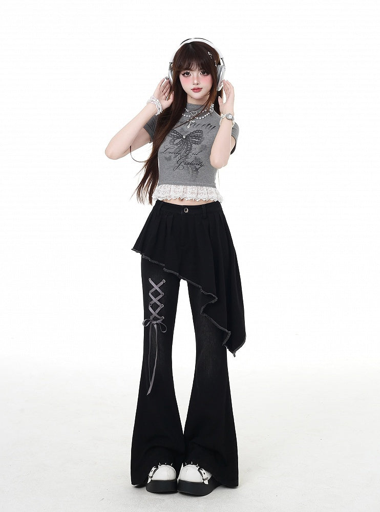 Waist Lace Belt Flared Pants Black Asymmetrical Hem Lace-up Faux Two-Piece Detail with