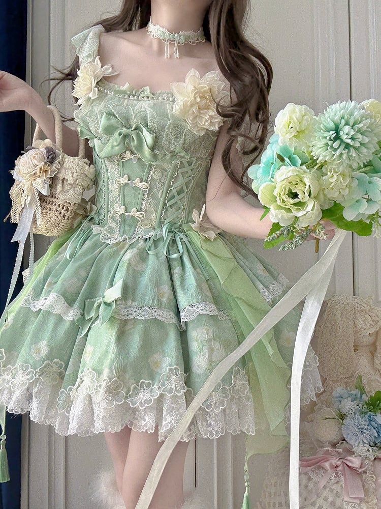 Green Top Frog Buttons Print Corset Skirt + and Jasmine-Embellished Floral Waist Lolita