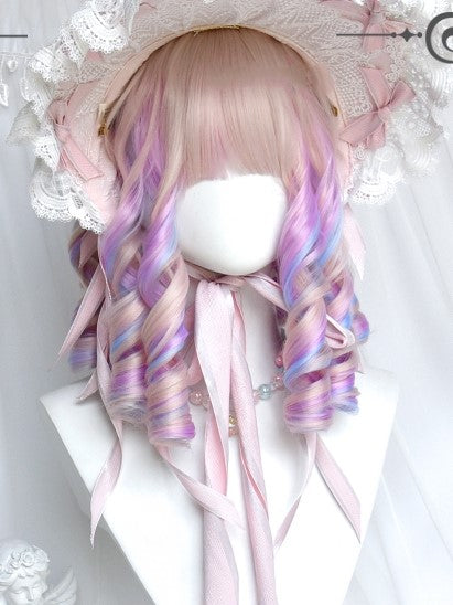With Macaroon Roman Curly Medium Bangs Full Wigs Color