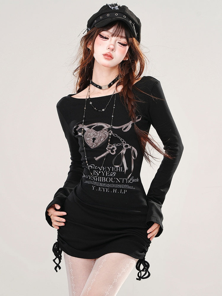 Drawstring Print Lock Dress Skirt Black Mini Heart