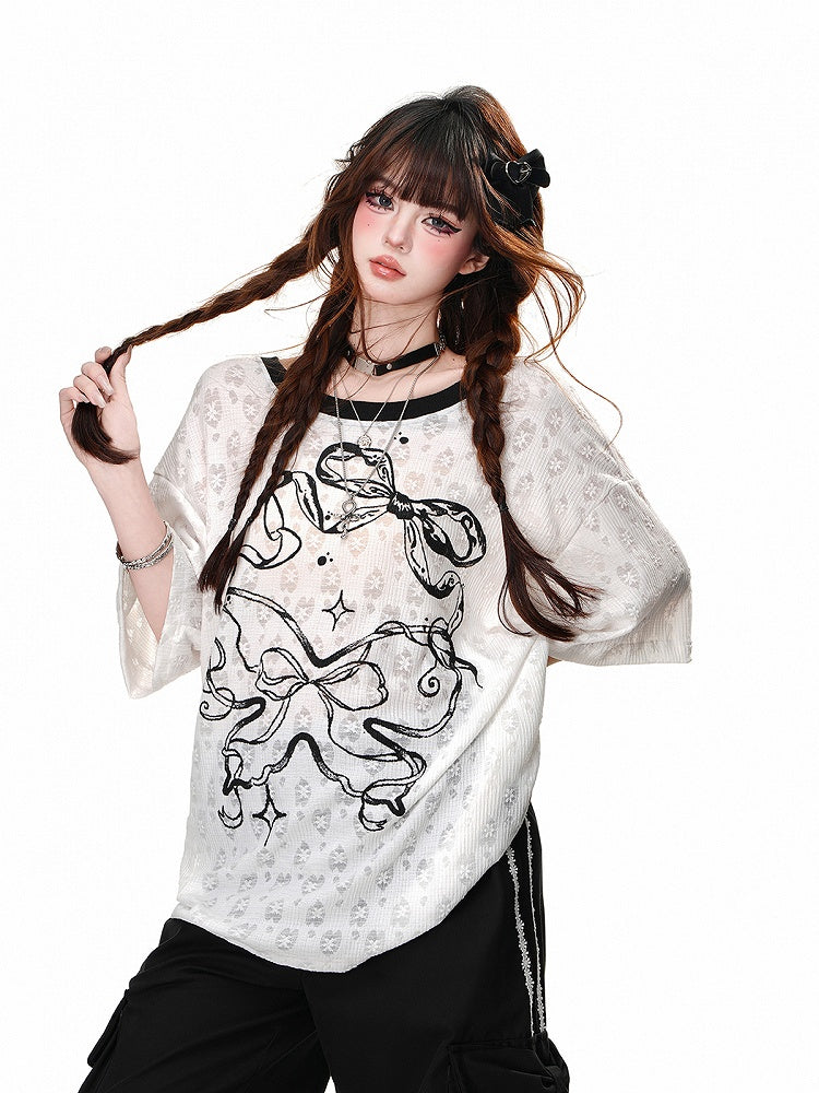 Blue/White Semi-sheer Bowknot Print Backless T-Shirt with Bow
