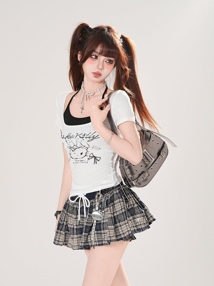 Black Drawstring Waist Mini Plaid Skirt