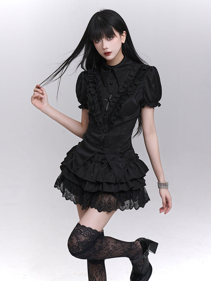 Pointed Flat Collar Curved Hem Gothic Puff Sleeves Blouse Pattern Black Striped
