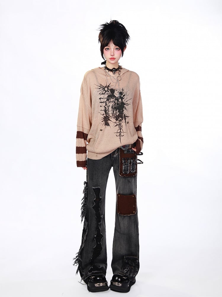Gray Flared Wide-Leg Jeans with Distressed Raw Hem Details