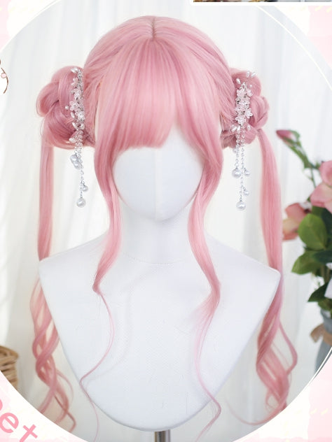 Wigs Bangs Pink Wavy With Long 80-85cm
