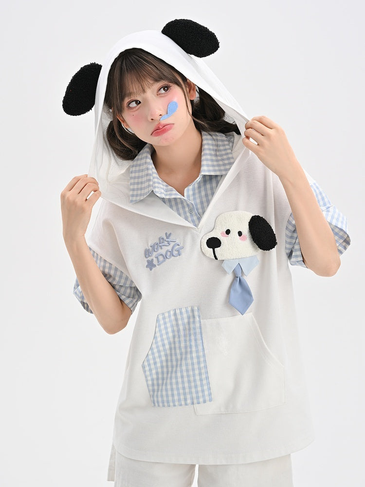 Two-pieces Puppy Ears Design Hood Pattern White and Puppy Faux T-Shirt Blue Plaid