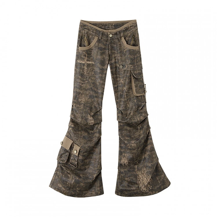 Dusty Grey Camo – Niedrig taillierte Cargohose im Distressed-Look mit ausgestelltem Bein