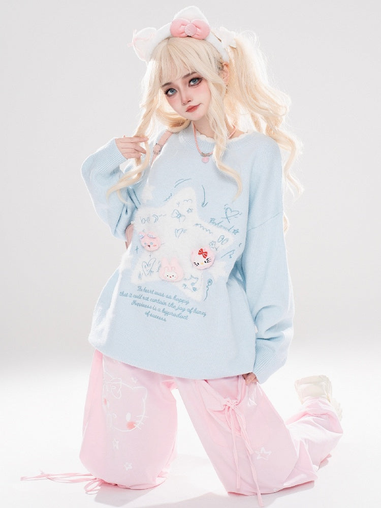 Light Blue/Light Yellow Star Applique Cute Kitties Adorned Loose Sweater