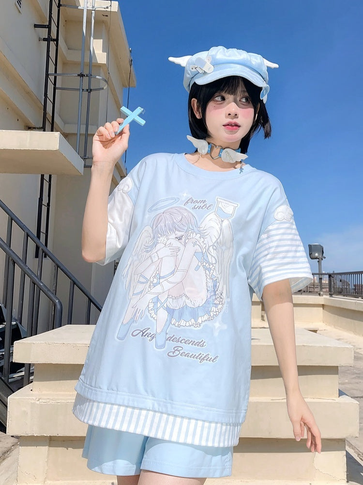 Blue Anime Girl Print Wing Appliques T-Shirt with Striped Scarf