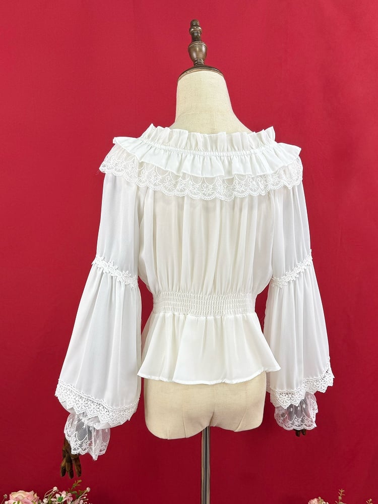 Weiße Chiffonbluse mit elastischem Ausschnitt und langen Ballonärmeln